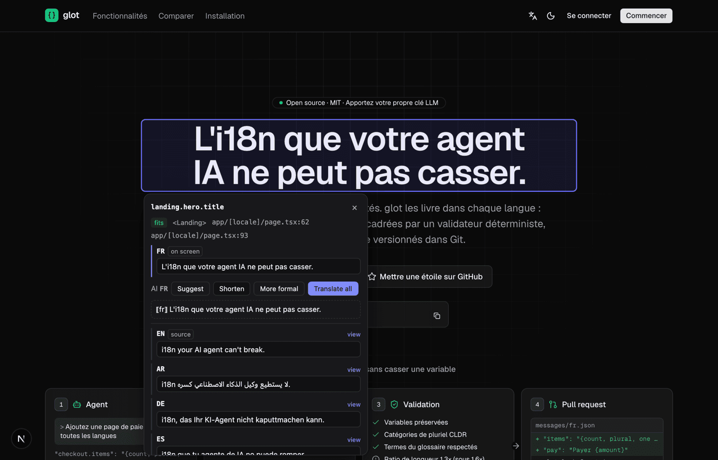glot overlay popover showing a key, its source and its translations in five languages